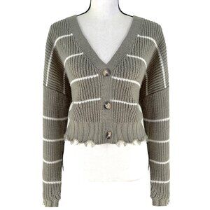 cropped olive green cardigan with white stripes
